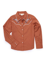 Girl's Ely Cattleman Solid Rust Western Snap Shirt with Floral Embroidery - Ely Cattleman - Flyclothing LLC