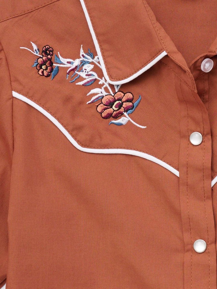 Girl's Ely Cattleman Solid Rust Western Snap Shirt with Floral Embroidery - Ely Cattleman - Flyclothing LLC