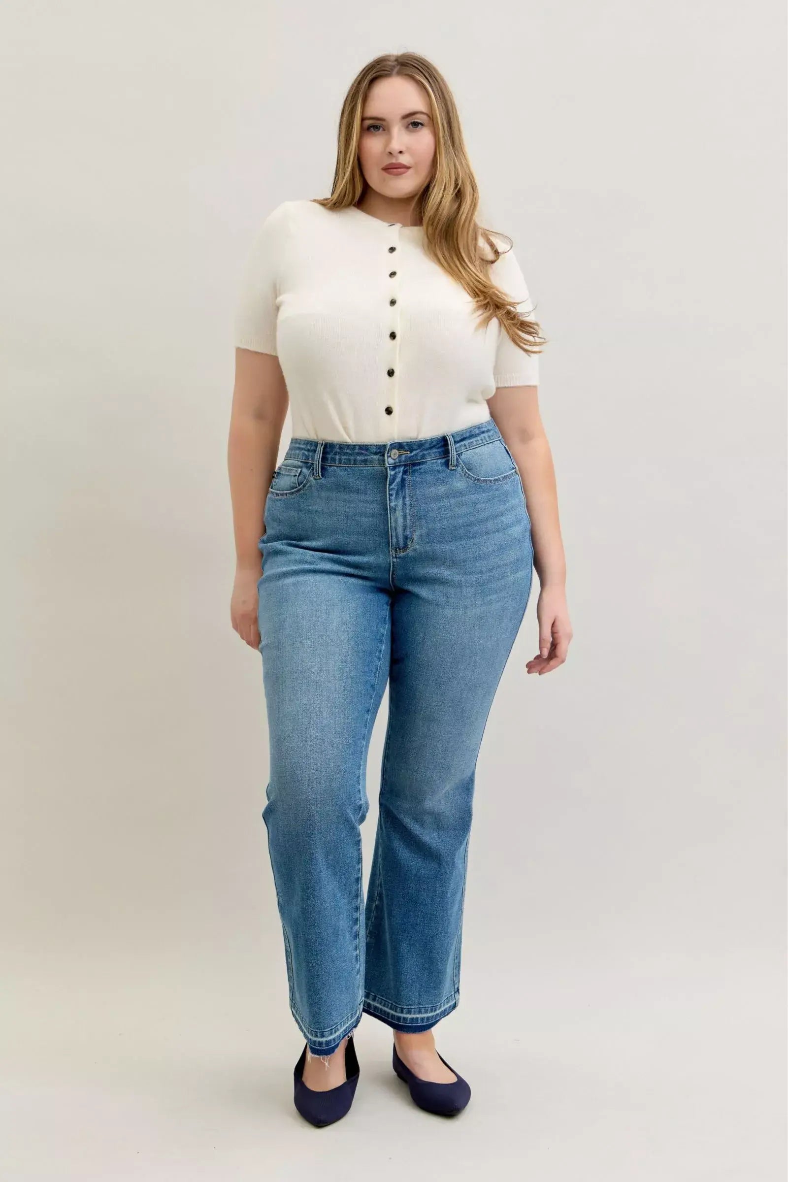 Judy Blue Full Size Mid Rise Slim Bootcut Tummy Control Release Hem Jeans Plus Size - Trendsi - Flyclothing LLC