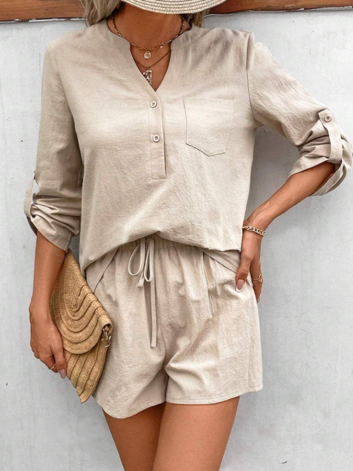 Notched Long Sleeve Top and Shorts Set - Trendsi - Flyclothing LLC