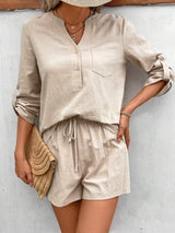 Notched Long Sleeve Top and Shorts Set - Trendsi - Flyclothing LLC