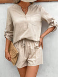 Notched Long Sleeve Top and Shorts Set - Trendsi