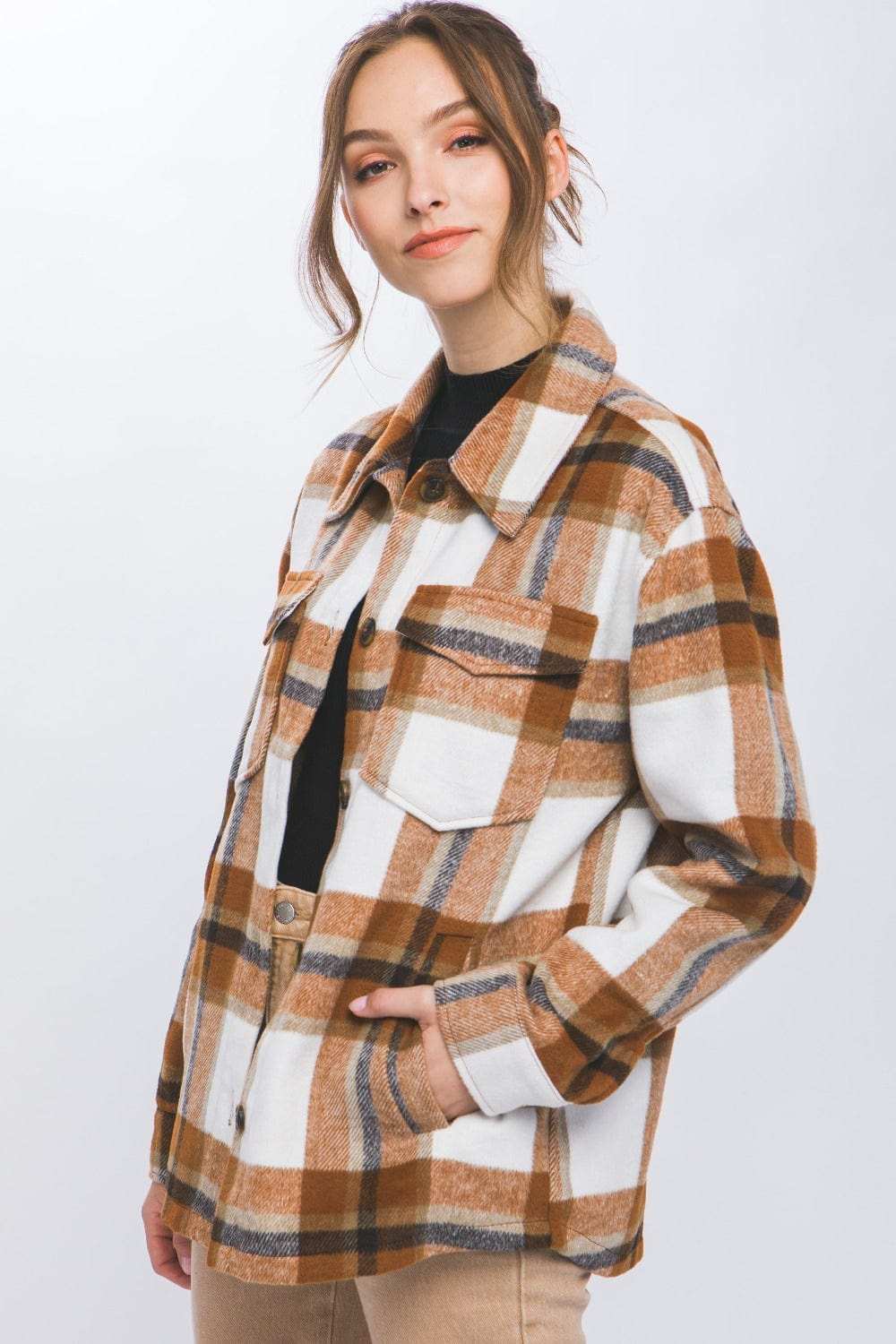 Love Tree Plaid Button Up Shacket - Trendsi - Flyclothing LLC