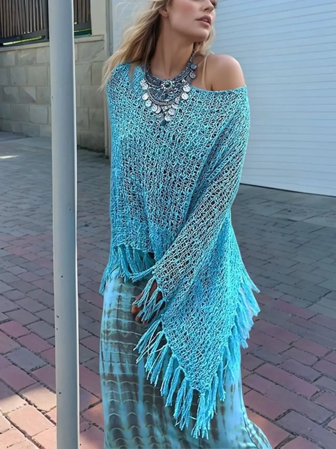Tassel Boat Neck Knit Shawl - Trendsi - Flyclothing LLC