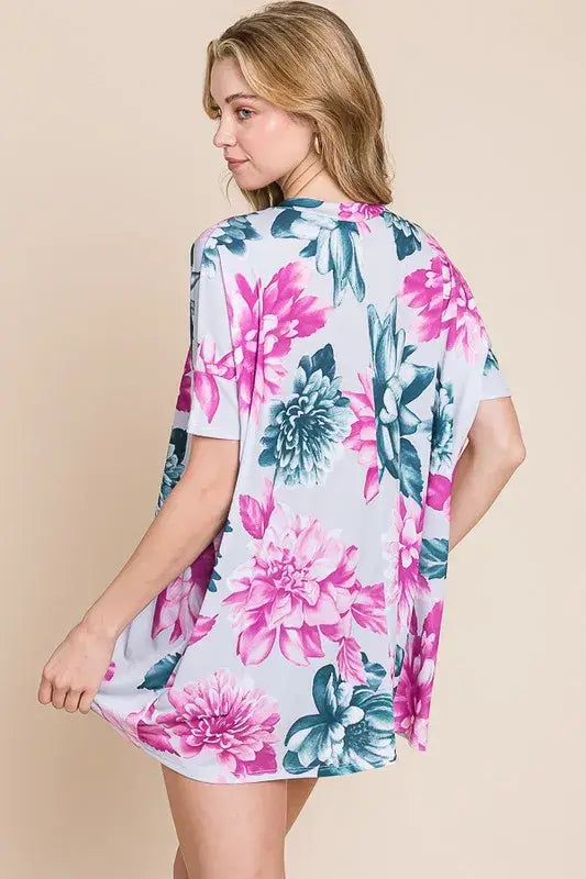 BOMBOM Floral V-Neck Short Sleeve T-Shirt - Trendsi - Flyclothing LLC