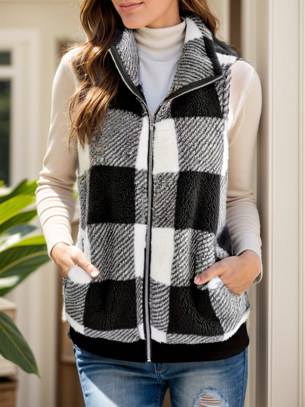 Pocketed Plaid Zip Up Vest Coat - Trendsi