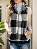 Pocketed Plaid Zip Up Vest Coat - Trendsi
