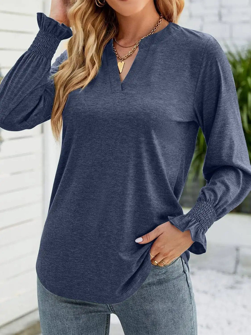 Full Size Notched Long Sleeve T-Shirt - Trendsi