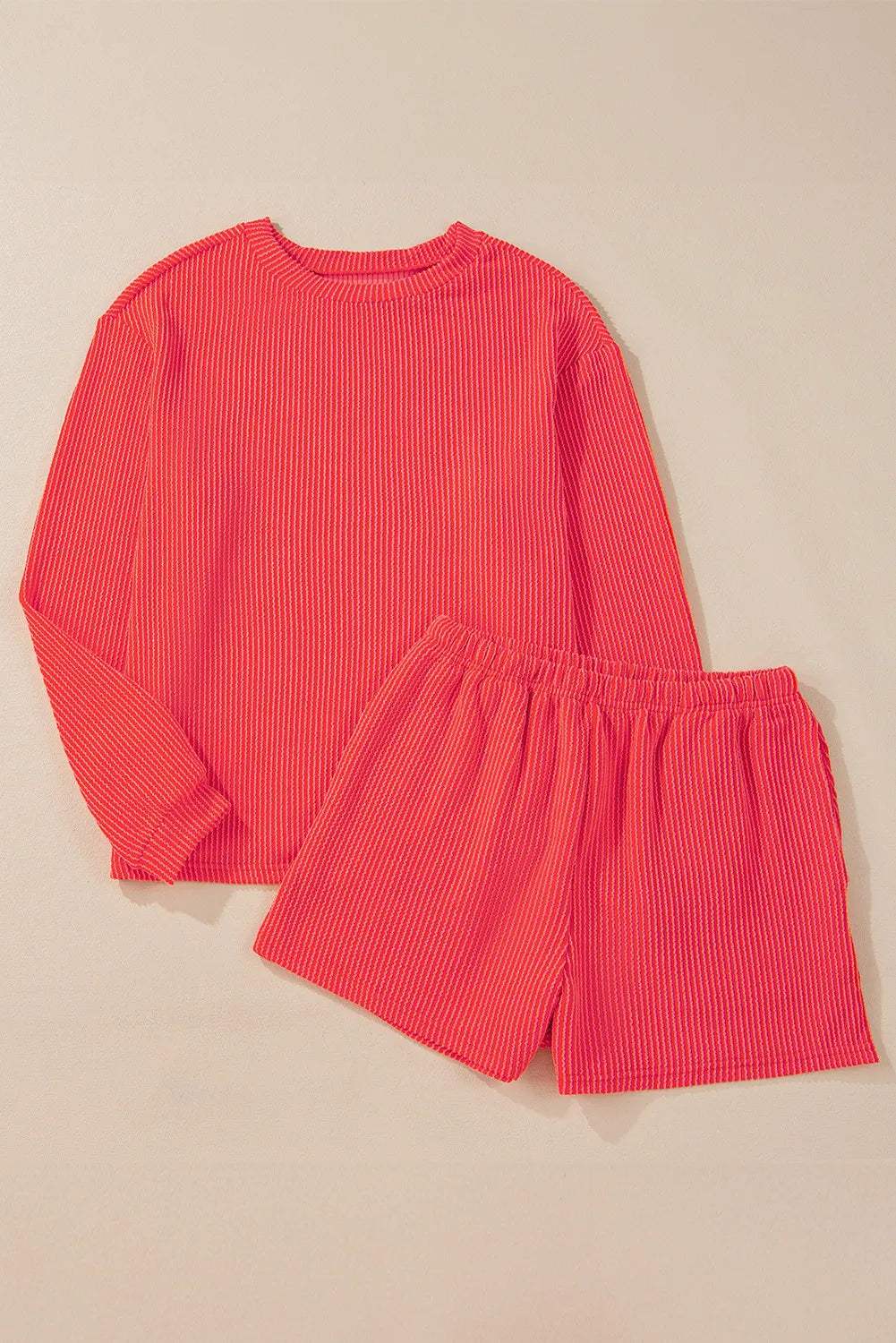 Round Neck Long Sleeve Top and Shorts Set - Trendsi - Flyclothing LLC