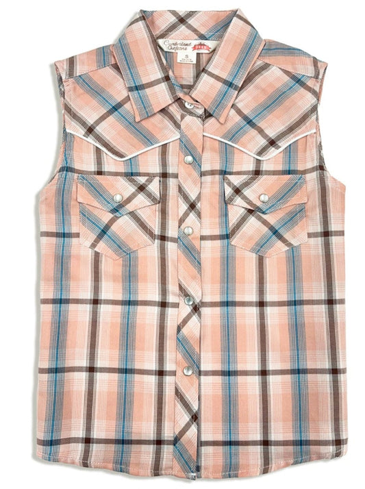 Girl's Ely Cattleman Peach Plaid Sleeveless Shirt - Ely Cattleman