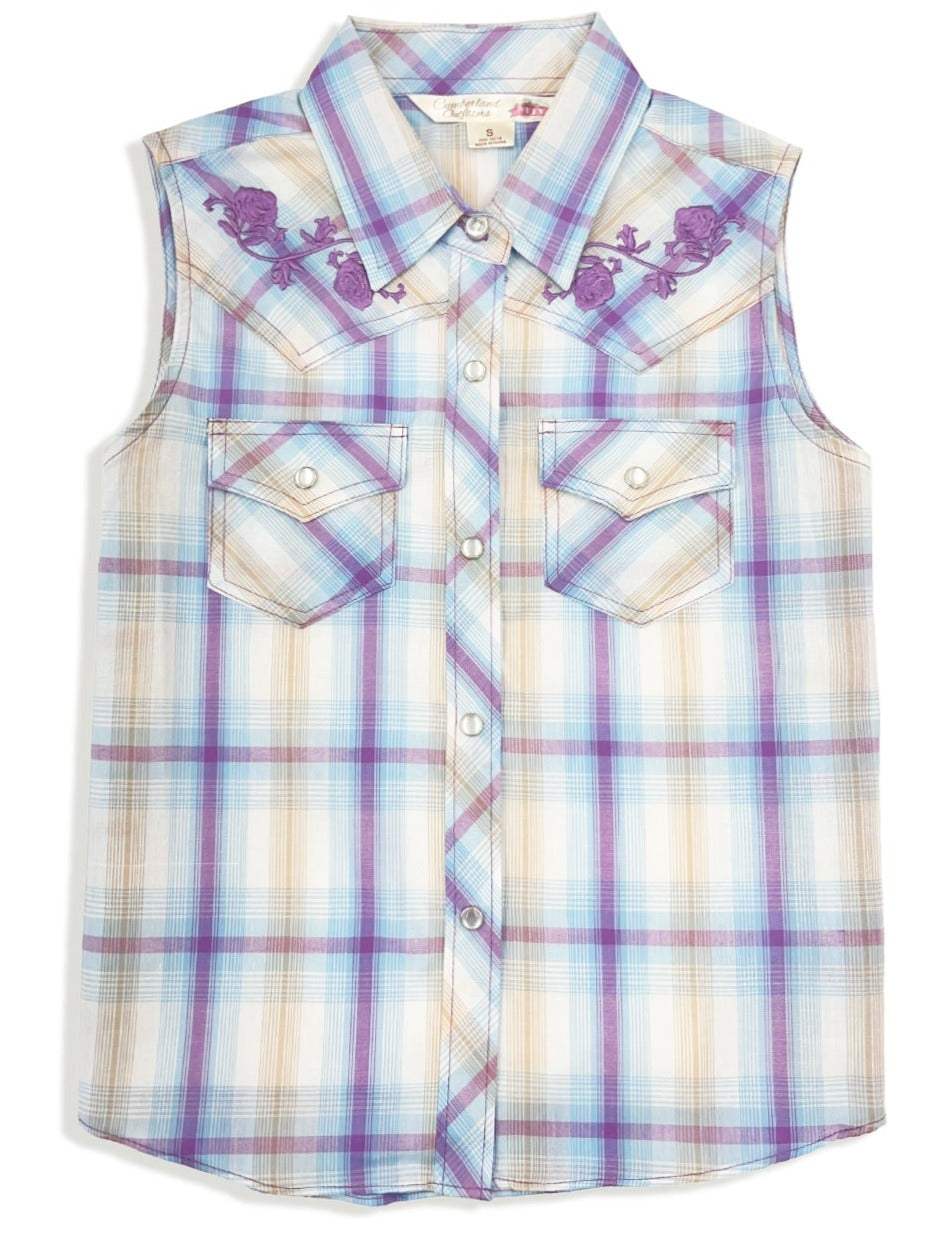 Girl's Ely Cattleman Plaid with Floral Embroidery Sleeveless Shirt - Ely Cattleman - Flyclothing LLC