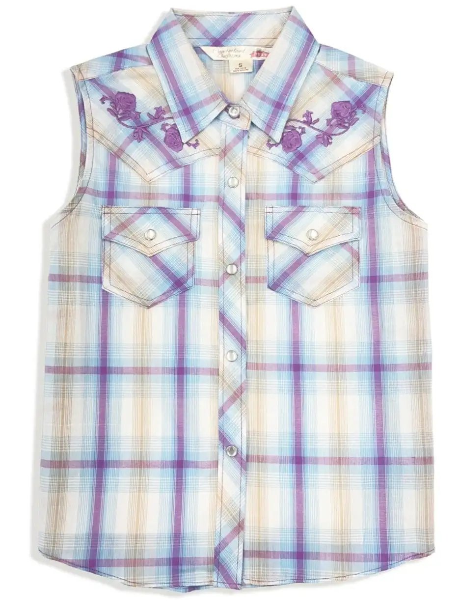 Girl's Ely Cattleman Plaid with Floral Embroidery Sleeveless Shirt - Ely Cattleman