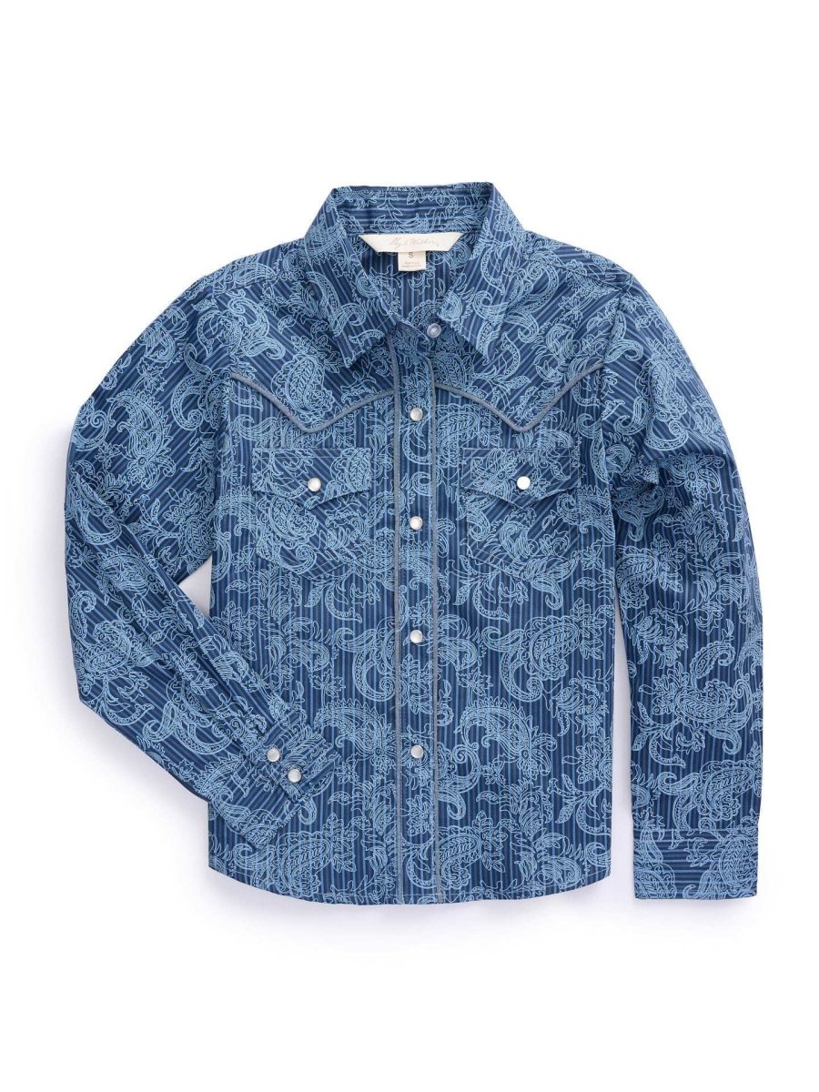 Girl's Ely Cattleman Denim Blue Paisley Print Western Snap Shirt - Ely Cattleman