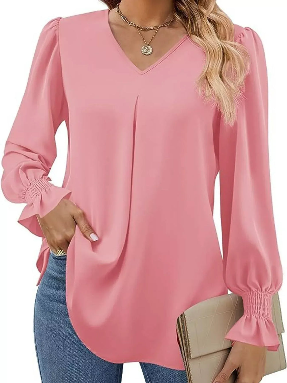 V-Neck Long Sleeve Ruffle Cuff Blouse - Trendsi - Flyclothing LLC