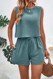 Round Neck Top and Drawstring Shorts Set - Trendsi - Flyclothing LLC