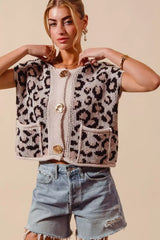 SO ME Big Metal Button Front Leopard Sweater Vest Top - Trendsi - Flyclothing LLC