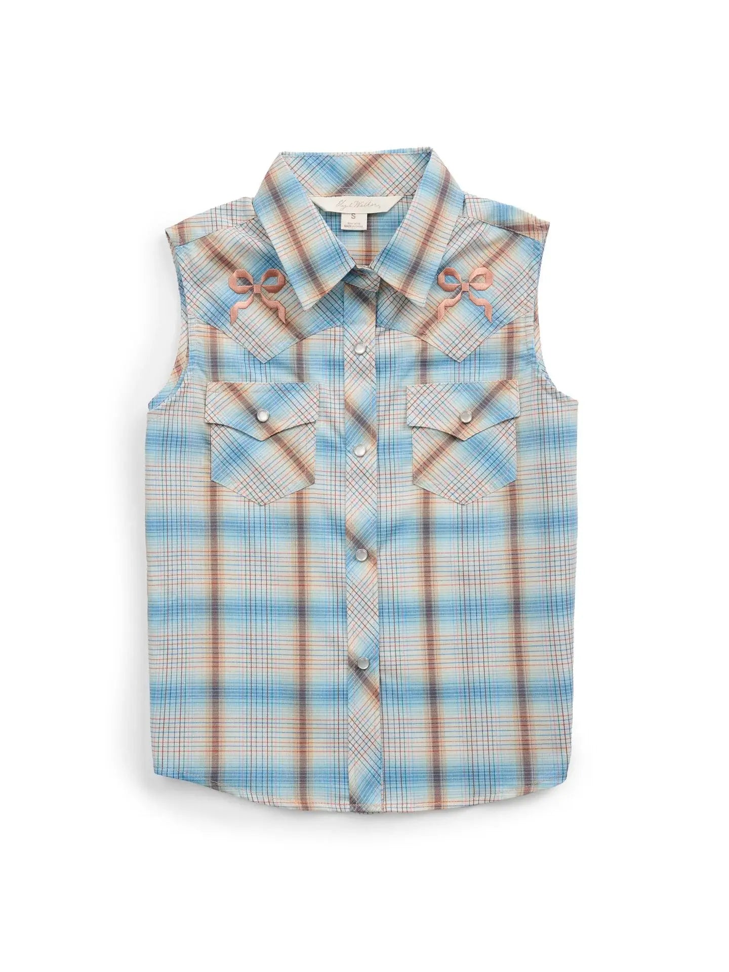 Girl's Ely Plaid with Bow Embroidery Sleeveless Shirt - Ely Cattleman - Flyclothing LLC