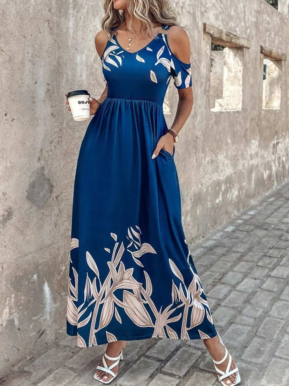 Printed Cold Shoulder Short Sleeve Maxi Dress - Trendsi - Flyclothing LLC