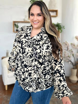 Double Take Full Size Printed Ruffle Trim Balloon Sleeve Shirt - Trendsi - Flyclothing LLC