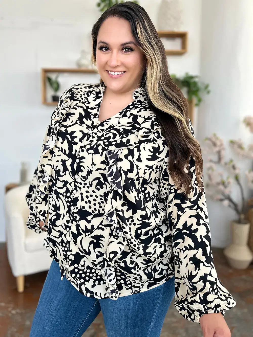 Double Take Full Size Printed Ruffle Trim Balloon Sleeve Shirt - Trendsi - Flyclothing LLC
