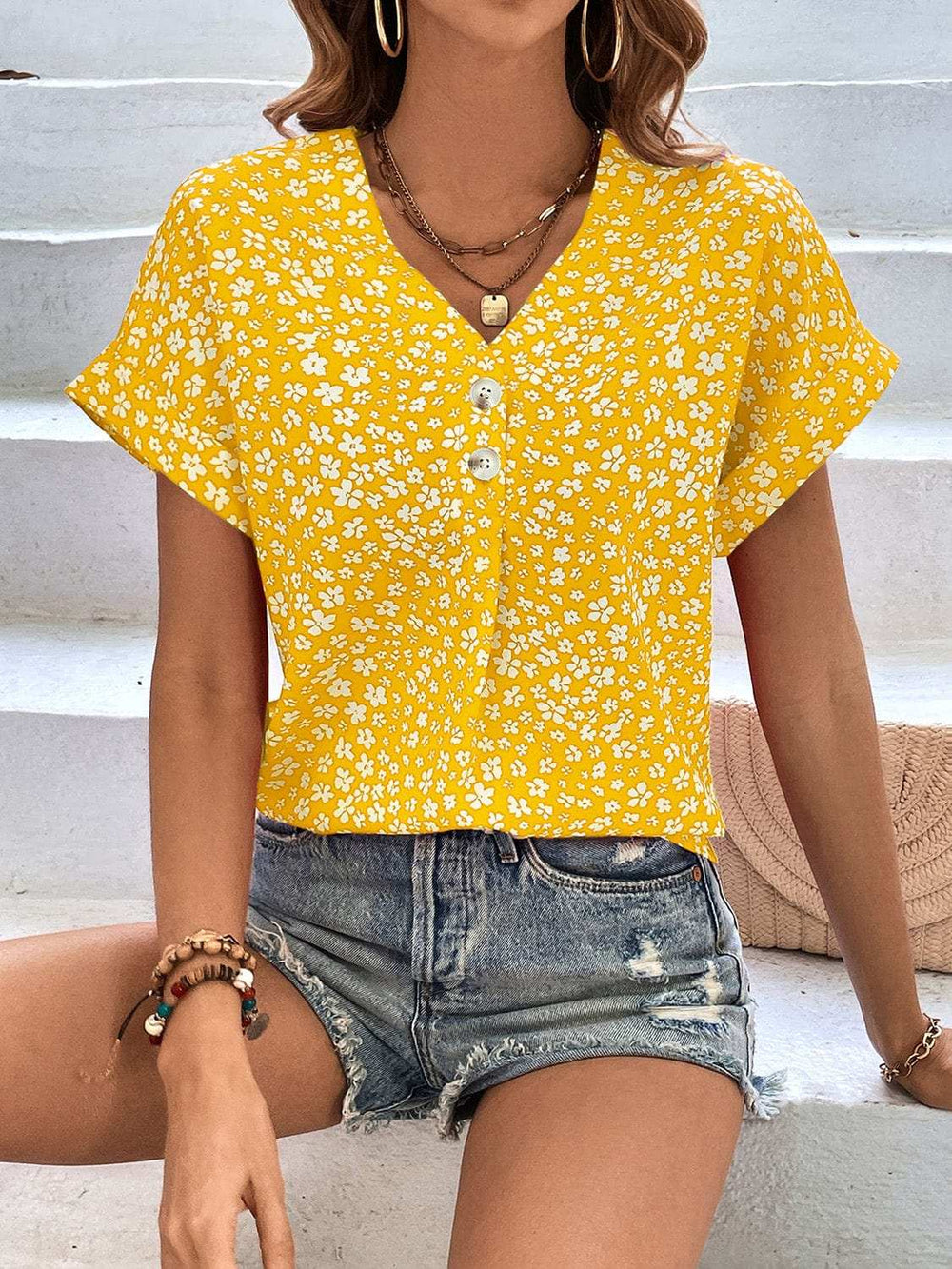 Printed V-Neck Short Sleeve Blouse - Trendsi - Flyclothing LLC