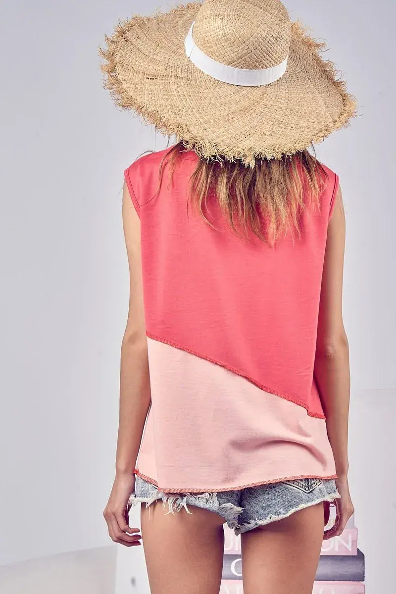 BiBi Color Block Contrast Stitching Buttoned Henley Top - Trendsi - Flyclothing LLC