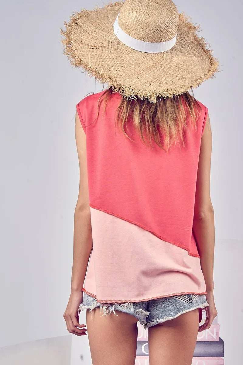 BiBi Color Block Contrast Stitching Buttoned Henley Top - Trendsi - Flyclothing LLC
