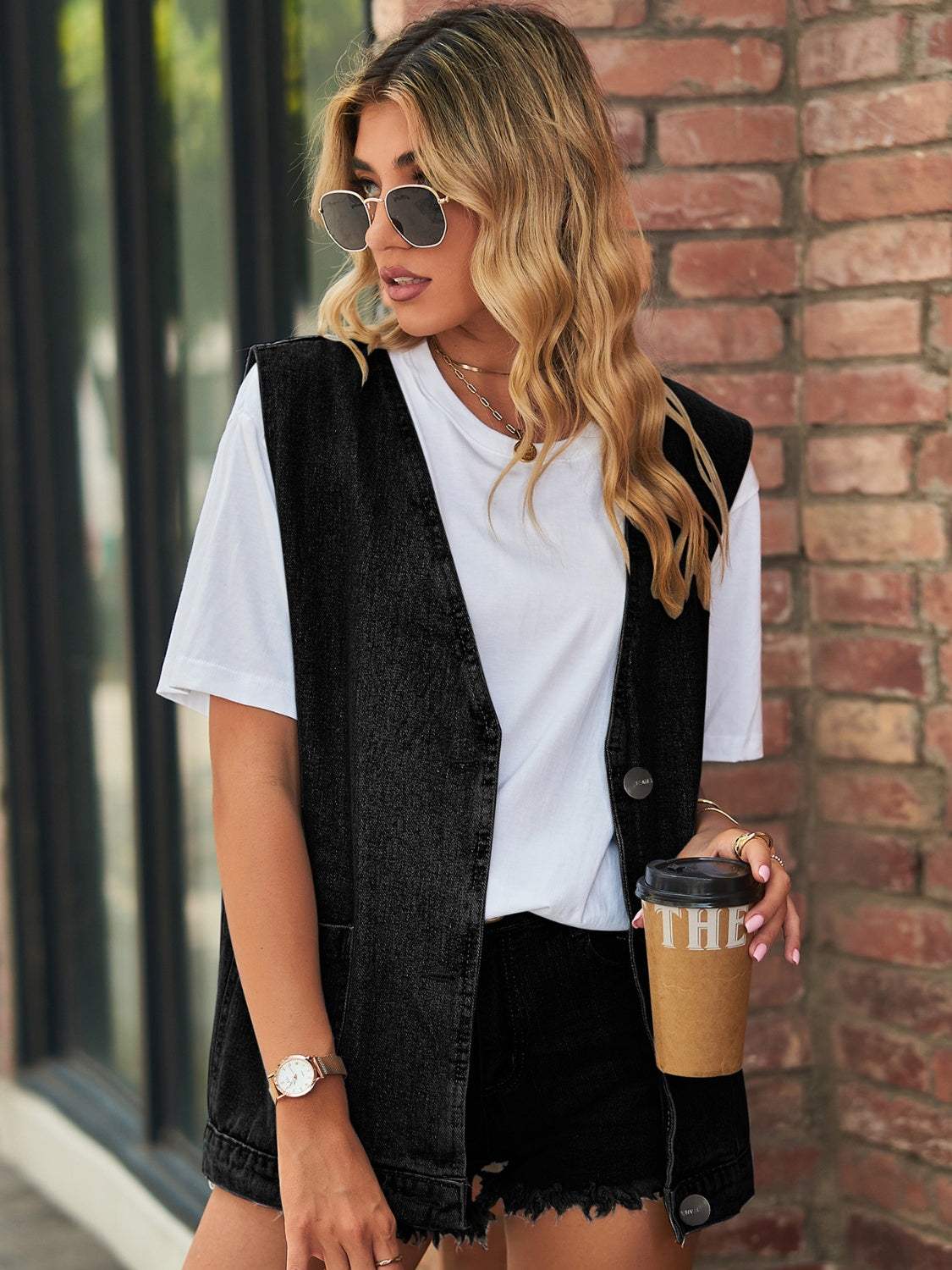 Full Size V-Neck Button Up Denim Vest - Trendsi - Flyclothing LLC