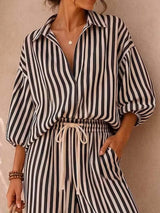 Full Size Striped Puff Sleeve Shirt and Wide-Leg Drawstring Pants Set Plus Size - Trendsi - Flyclothing LLC