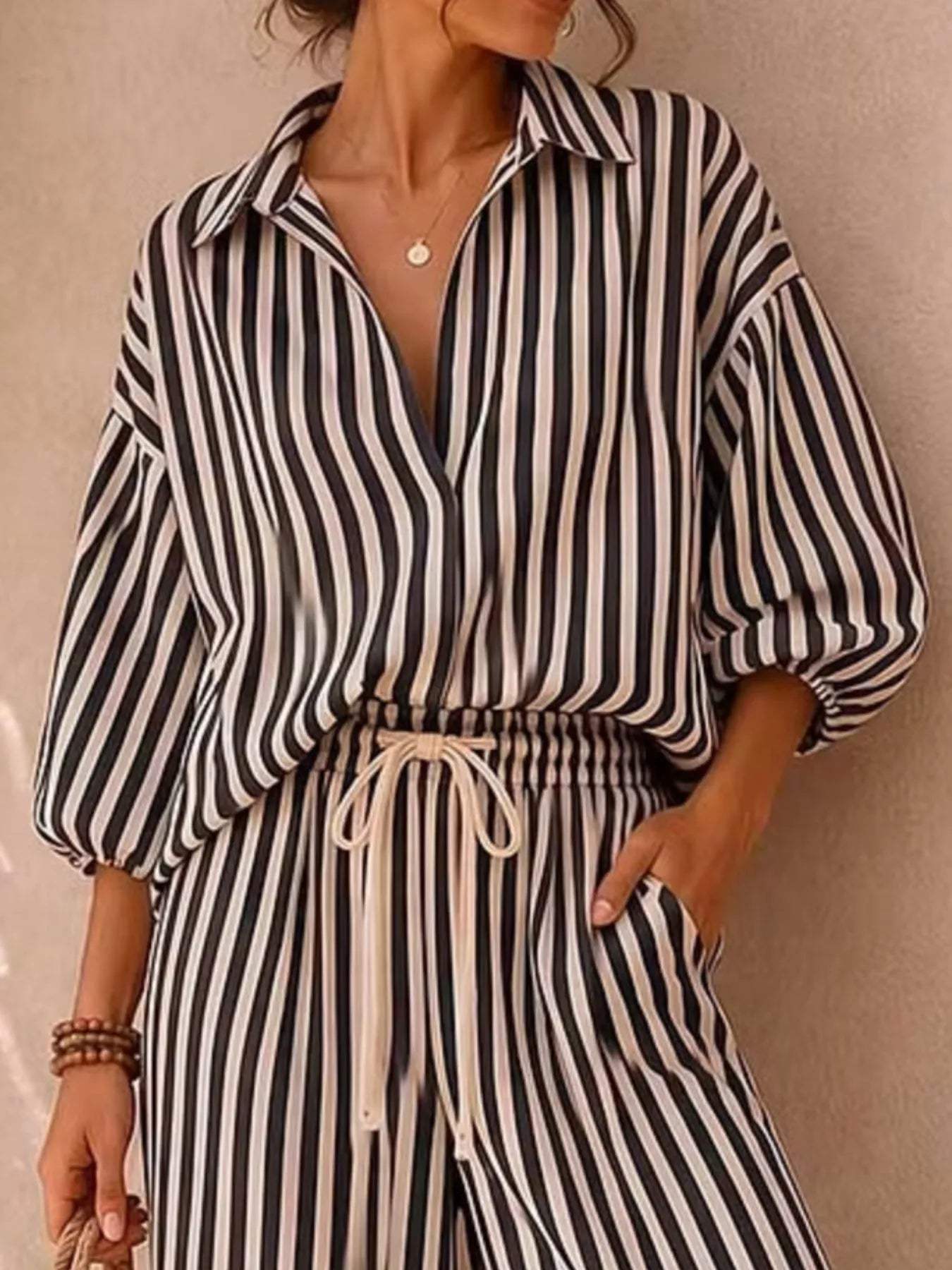 Full Size Striped Puff Sleeve Shirt and Wide-Leg Drawstring Pants Set Plus Size - Trendsi - Flyclothing LLC