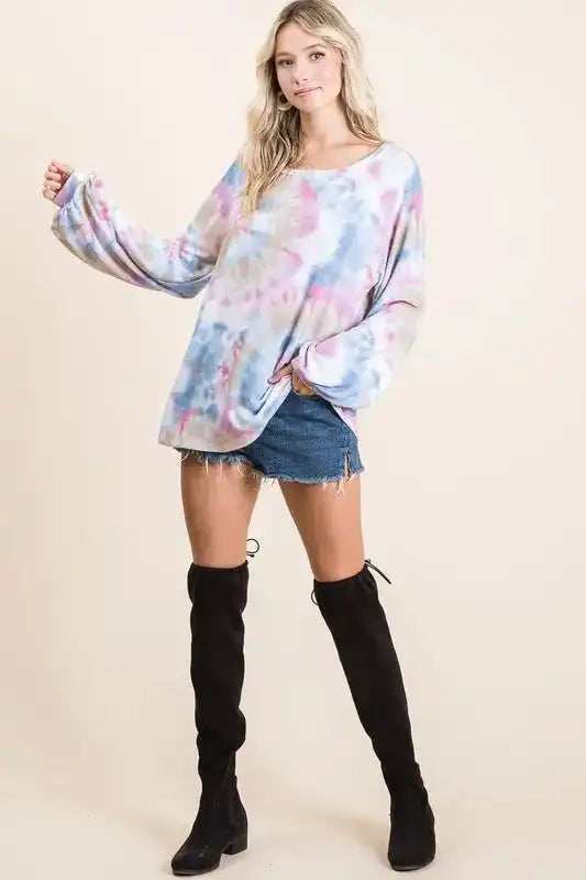 BiBi Tie Dye Print Terry Top With Puff Sleeves - Trendsi - Flyclothing LLC