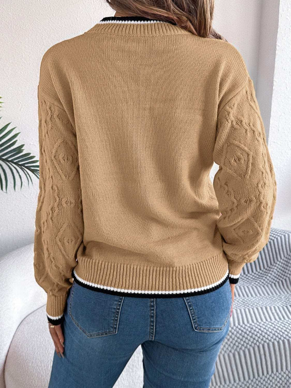 Contrast Trim Round Neck Long Sleeve Sweater - Trendsi - Flyclothing LLC