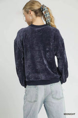 Umgee Velour Crewneck Balloon Sleeve Sweatshirt - Trendsi - Flyclothing LLC