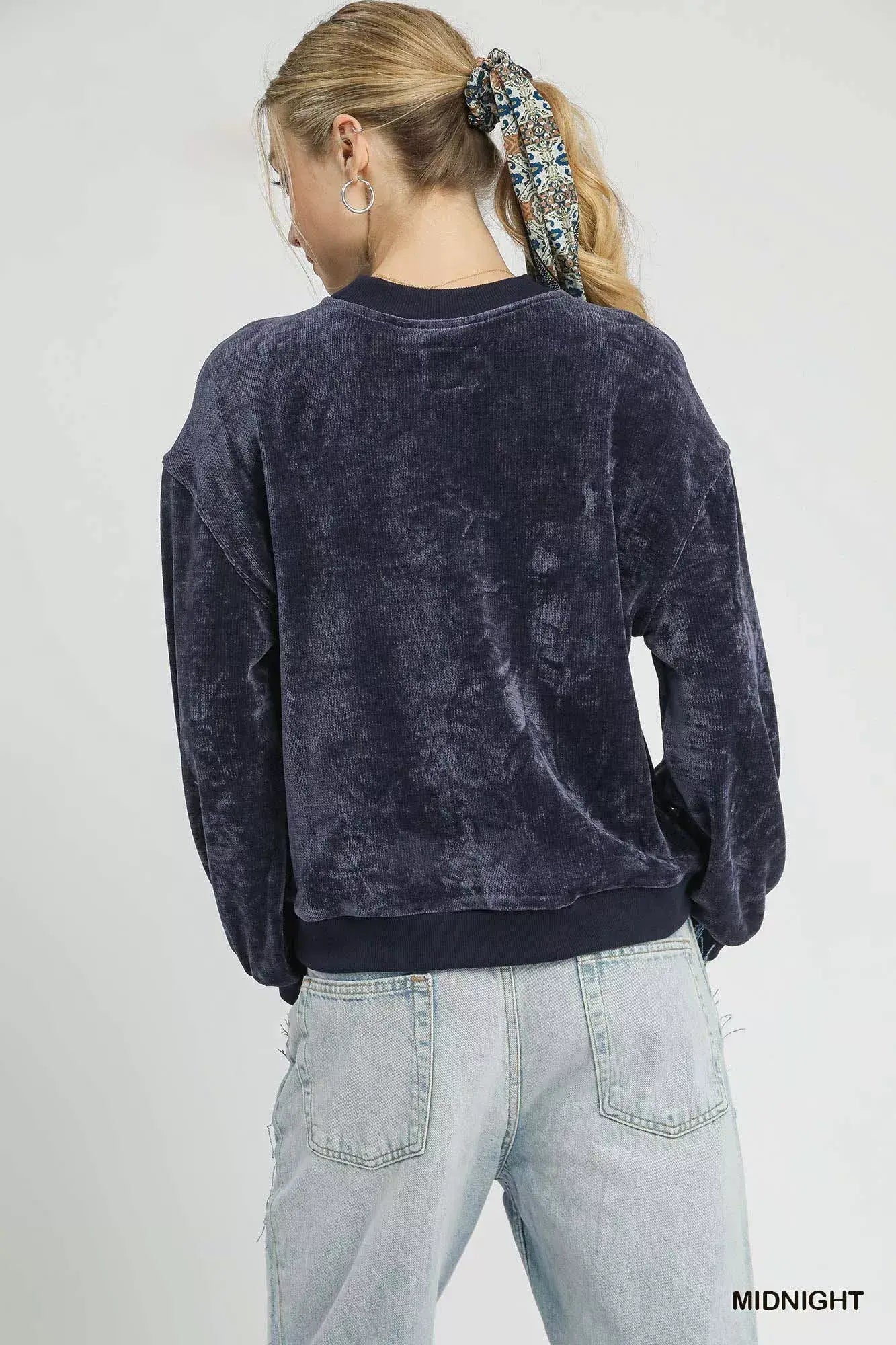 Umgee Velour Crewneck Balloon Sleeve Sweatshirt - Trendsi - Flyclothing LLC