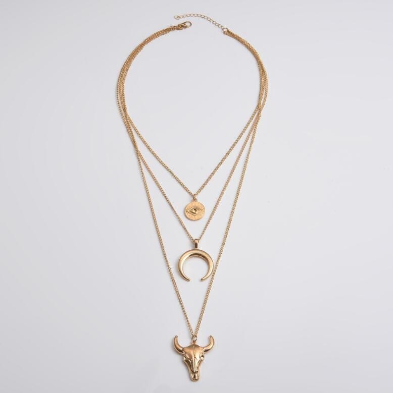 Alloy Three-Layered Bull Head Pendant Necklace - Trendsi