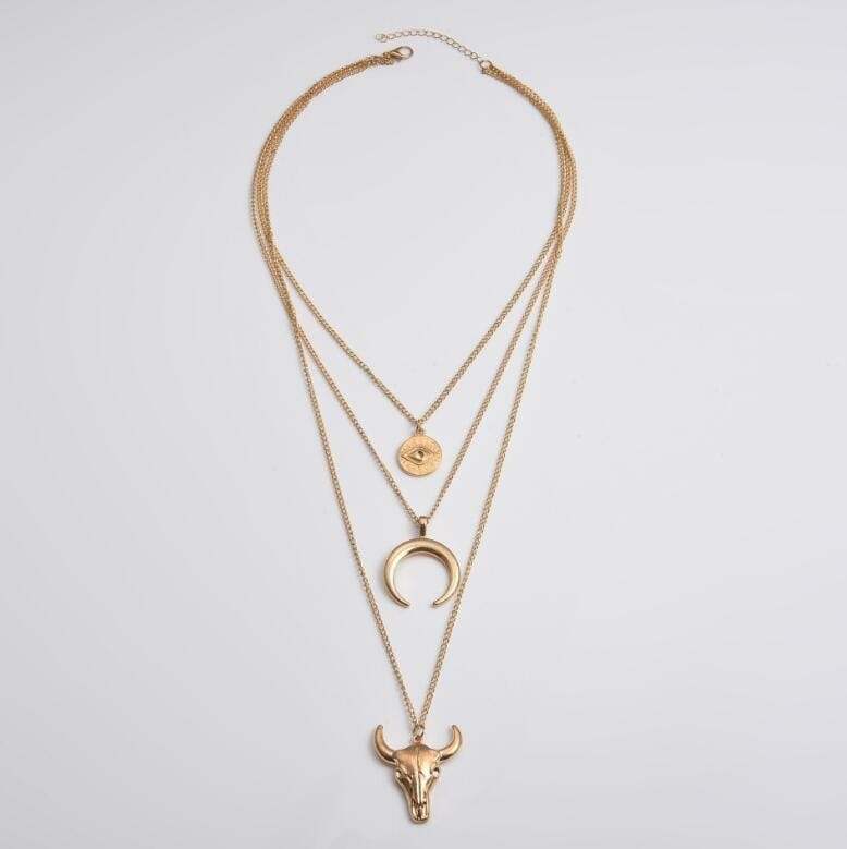 Alloy Three-Layered Bull Head Pendant Necklace - Trendsi - Flyclothing LLC