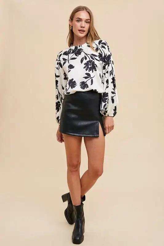 Annie Wear Frill Printed Balloon Sleeve Blouse - Trendsi - Flyclothing LLC