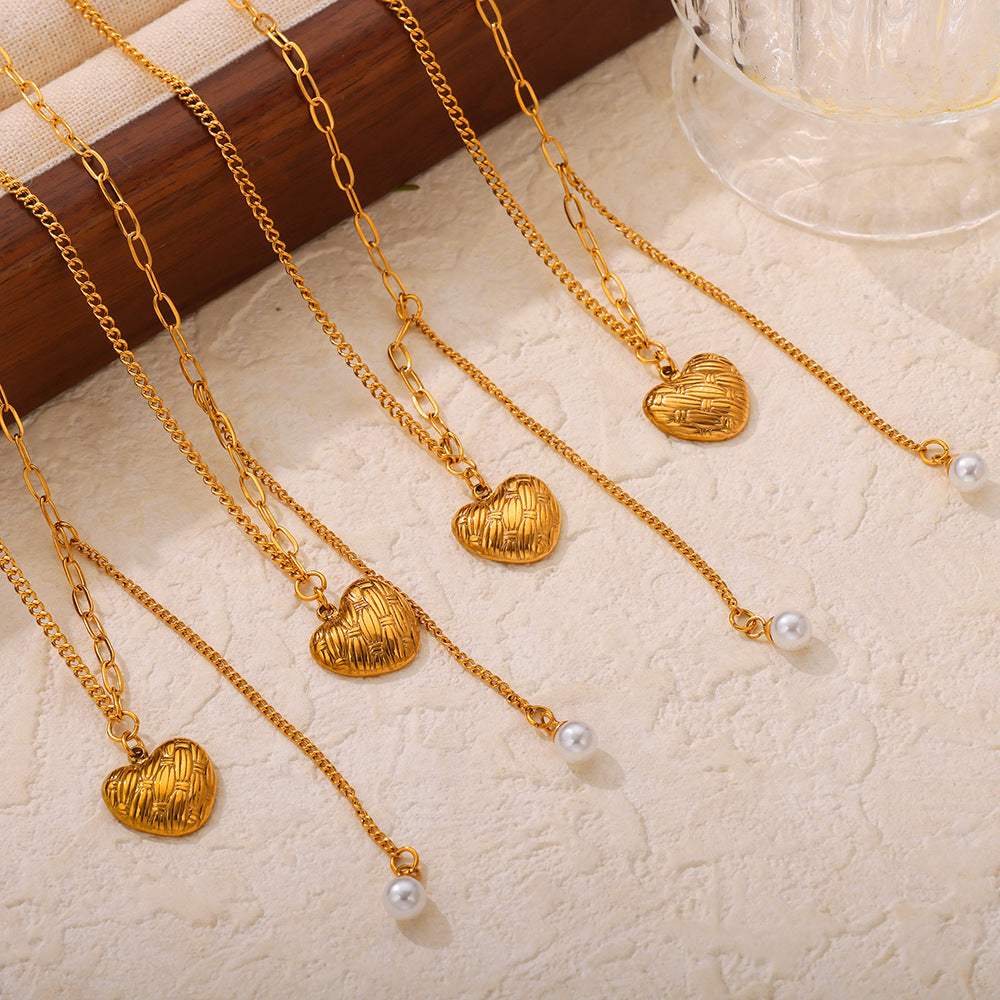 Titanium Steel Imitation Pearl Heart Pendant Necklace - Trendsi - Flyclothing LLC