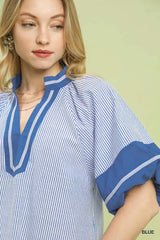 Umgee Striped Mixed Puff Sleeve Blouse - Trendsi - Flyclothing LLC