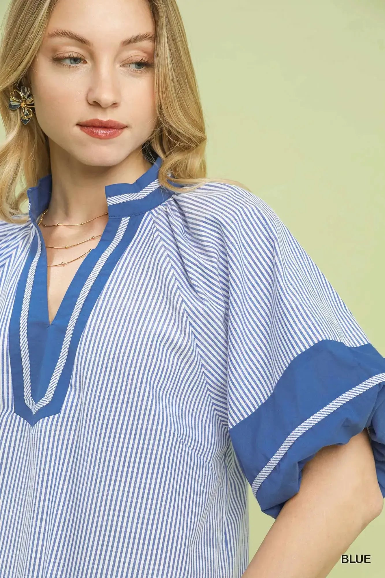 Umgee Striped Mixed Puff Sleeve Blouse - Trendsi - Flyclothing LLC