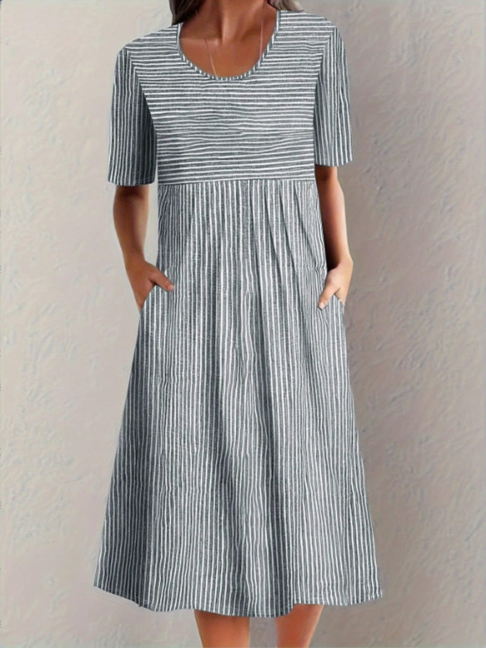 Striped Round Neck Short Sleeve Midi Dress - Trendsi