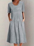 Striped Round Neck Short Sleeve Midi Dress - Trendsi