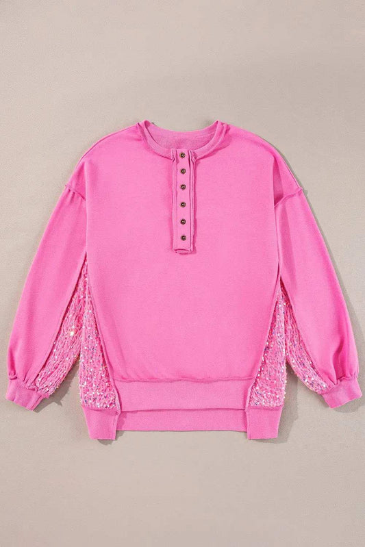 Sequin Half Button Long Sleeve Sweatshirt - Trendsi - Flyclothing LLC