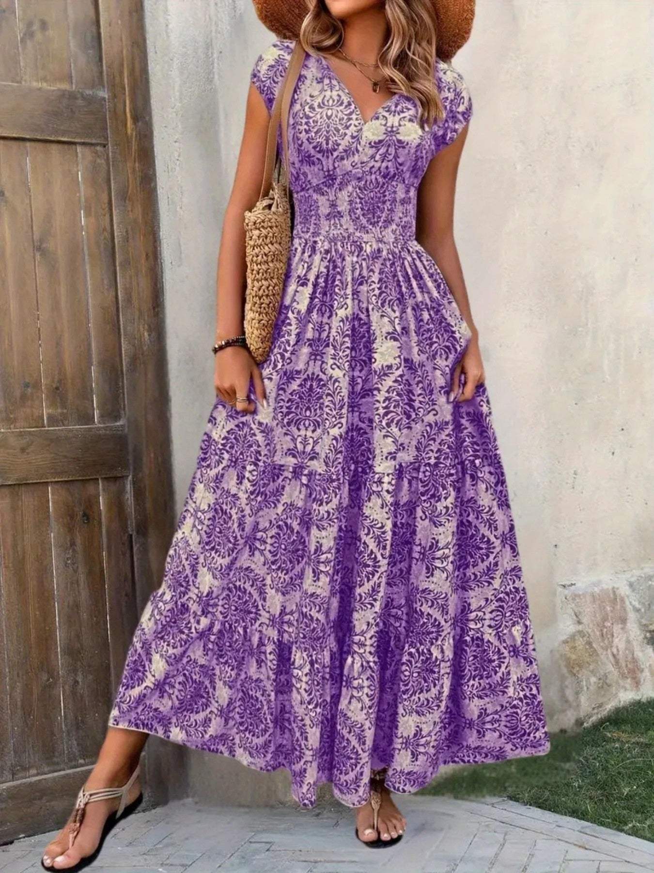 Printed Cap Sleeve Maxi Dress - Trendsi - Flyclothing LLC