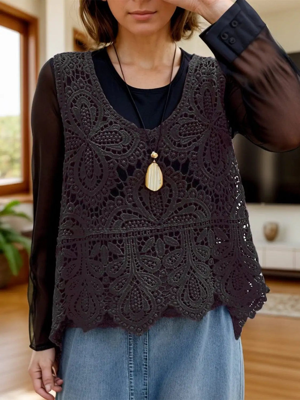 Cutout Scoop Neck Sleeveless Knit Cover Up - Trendsi