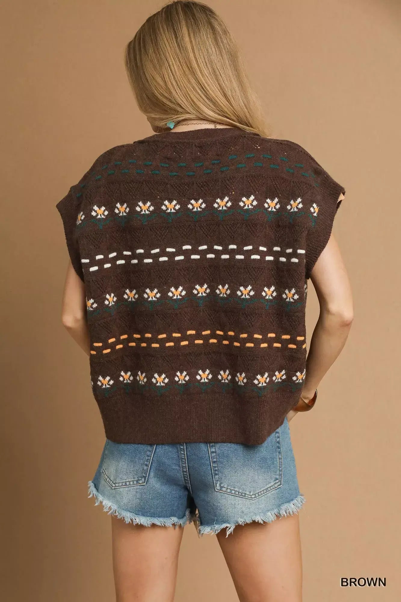 Umgee Button-Down Knit Vest with Floral Pattern - Trendsi - Flyclothing LLC