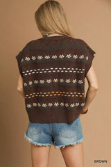Umgee Button-Down Knit Vest with Floral Pattern - Trendsi - Flyclothing LLC