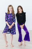 Violets in Bloom 3/4 Sleeve Ruffle Twirl Dress
