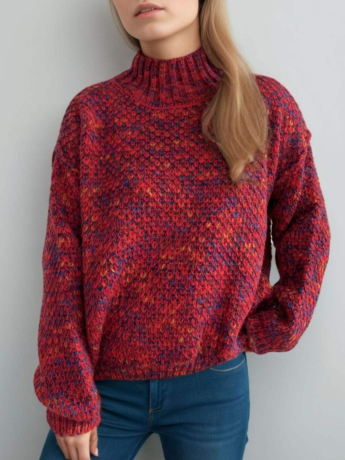Heathered Turtleneck Dropped Shoulder Sweater - Trendsi - Flyclothing LLC