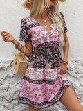 Printed V-Neck Short Sleeve Mini Dress - Trendsi